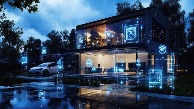 Smart home at night with electric car